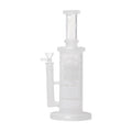 Clear Sandblast Double Perc glass water pipe with unique design on a white background