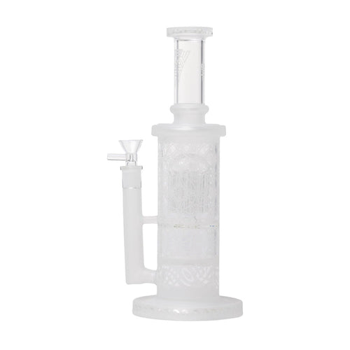 Clear Sandblast Double Perc glass water pipe with unique design on a white background