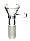 A clear glass bowl with a handle, featuring a male joint size, designed for use with a Bong water pipe.