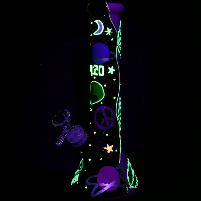 420 Beam Me Up Beaker Glow In The Dark Glass Bong