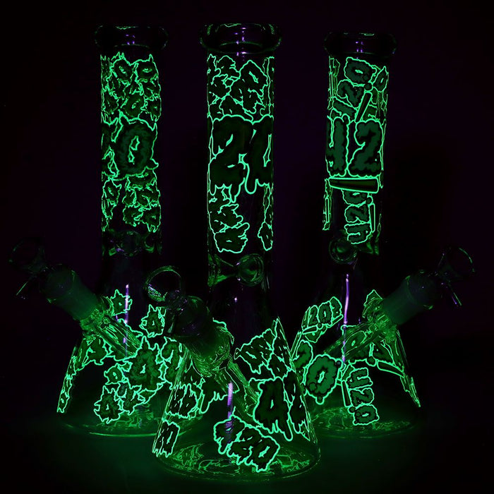 420 Clouds Glow In The Dark Beaker Glass Bong - 10"