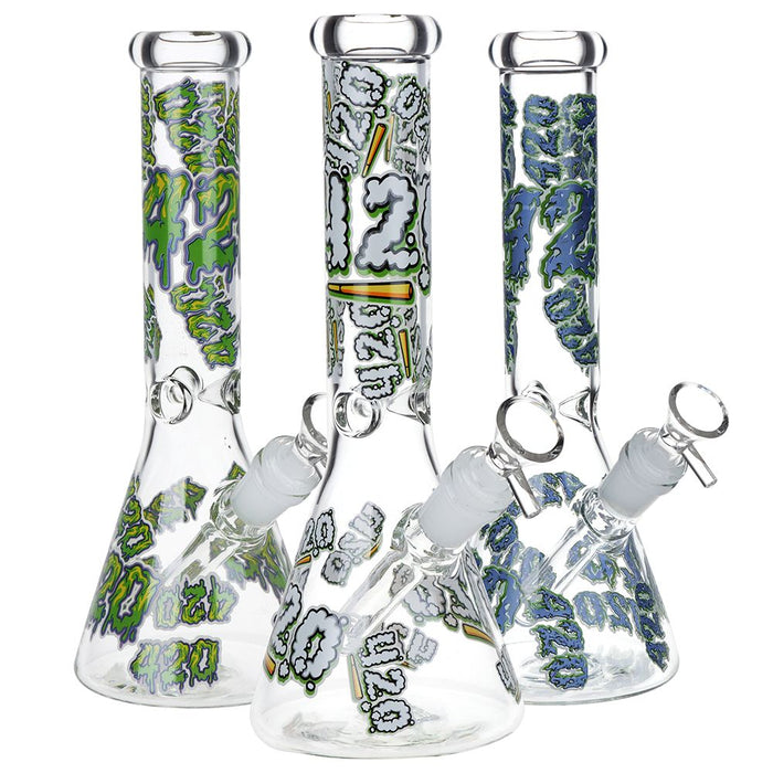 420 Clouds Glow In The Dark Beaker Glass Bong - 10"