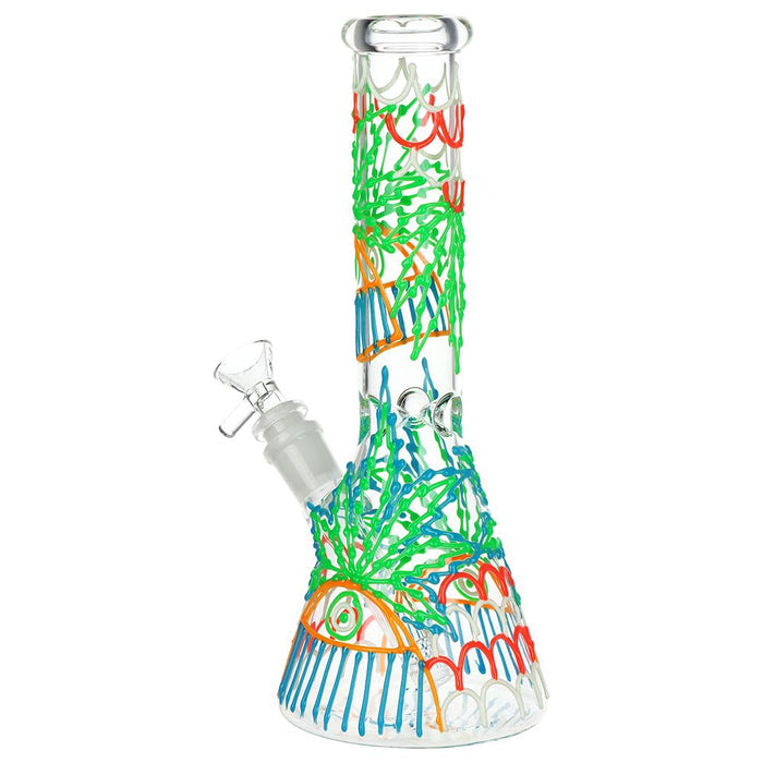 Colorful glass smoking Bong with artistic designs on a white background