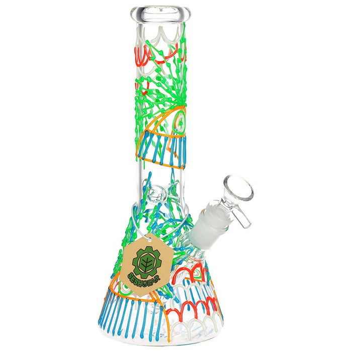 Colorful glass water pipe with a brand label on a white background