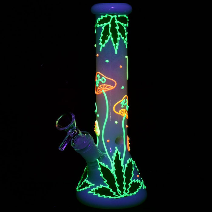 420 Hemp Leaf and Shrooms Glow In The Dark Glass Bong - 9.5"