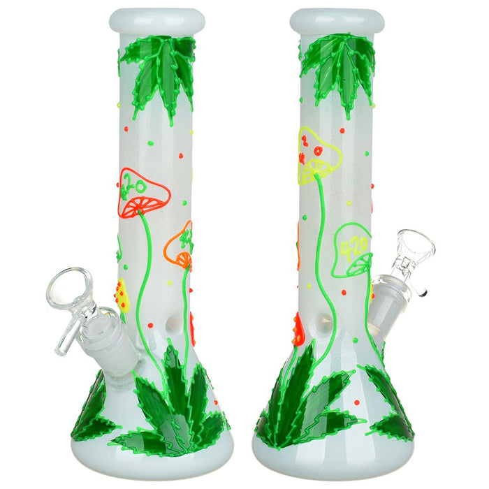 420 Hemp Leaf and Shrooms Glow In The Dark Glass Bong - 9.5"