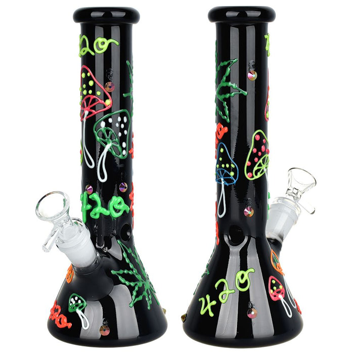 420 Leaf and Shroom Glow In Dark Glass Beaker Bong - 9.5 IN