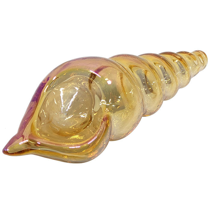 A curved glass hand pipe with a deep bowl, featuring a blue crab and a crimson starfish on it.
