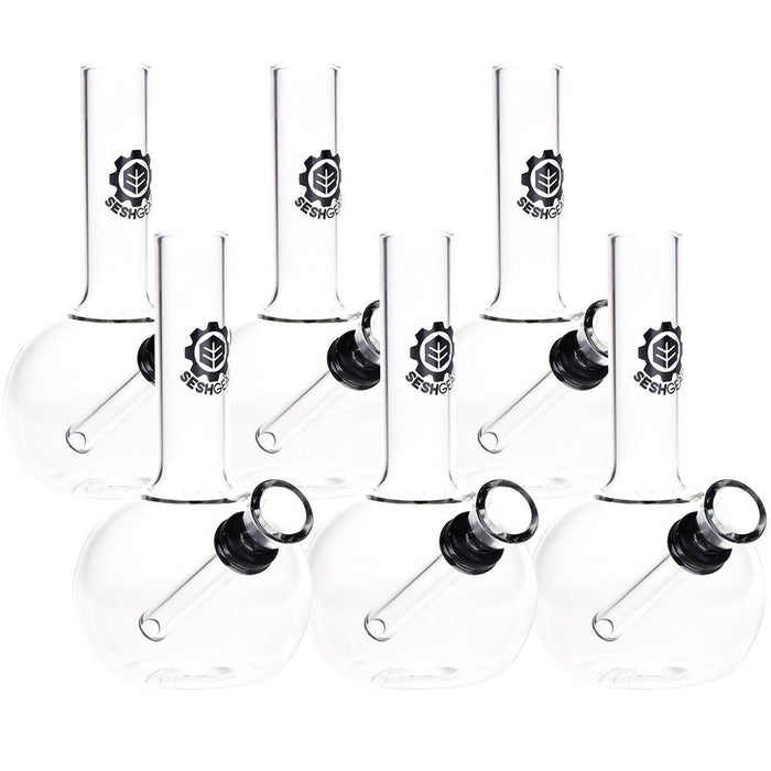 Six clear glass water pipes with black silicone mouthpieces and a black Logo, arranged in two rows of three against a white background.