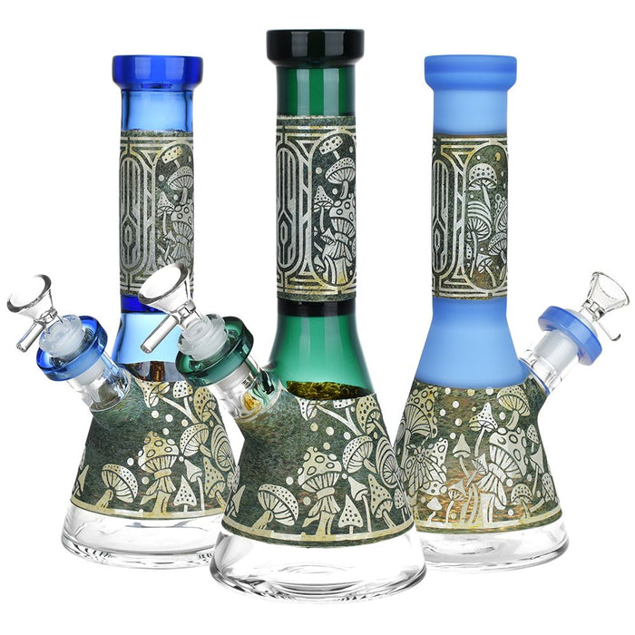 9" Mushroom Melange Etched Beaker Glass Bong