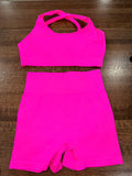 Women’s 2pc Hot Pink Seamless Bra & Biker Shorts Ribbed Gym Set XS