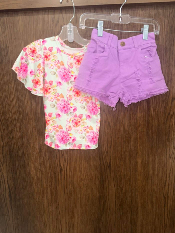 Lady Charm NWT Girls Floral Top Purple Denim Shorts Set Size 5/6 5 6