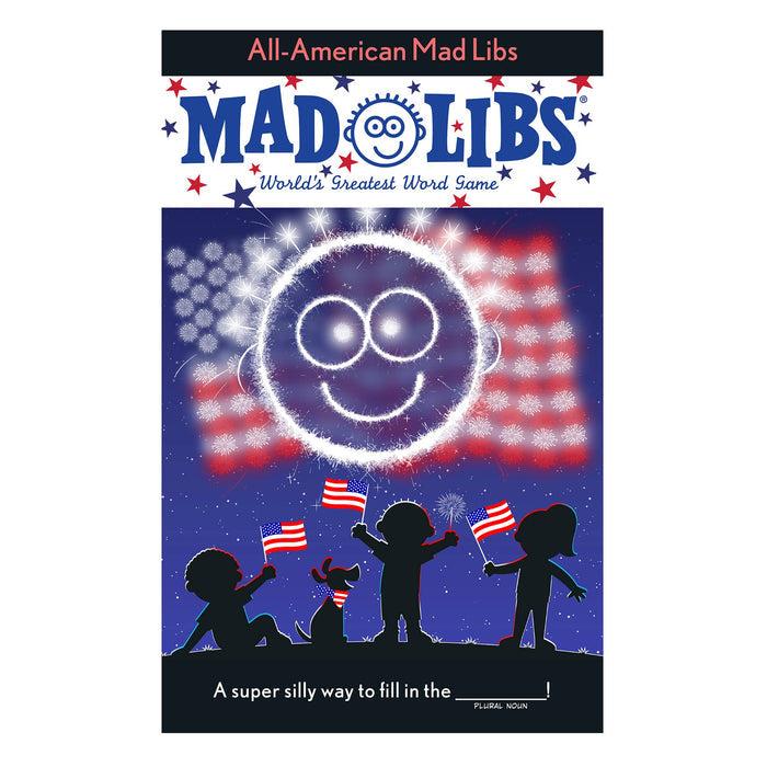 Mad Libs book cover with silhouettes of children and a dog holding American flags against a night sky with fireworks.