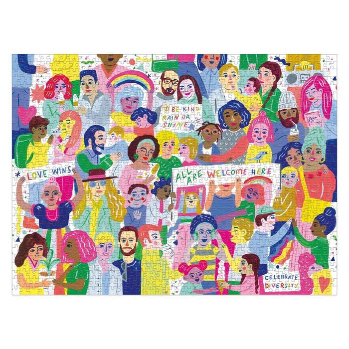 The All Are Welcome Here! 1000 Piece Family Puzzle by Sarah Walsh features a colorful illustration of diverse people with signs like Love Wins, surrounded by rainbows and hearts, celebrating inclusion and community.