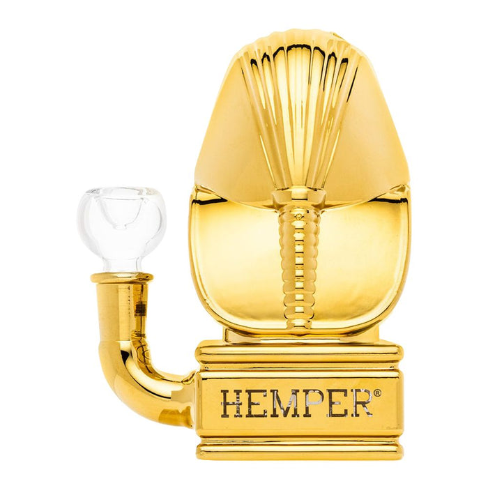 Back of Gold sphinx-shaped Glass Bong on a white background