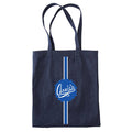 Navy denim tote bag with blue and white Annie's logo and racing stripe, front view, on a white background.