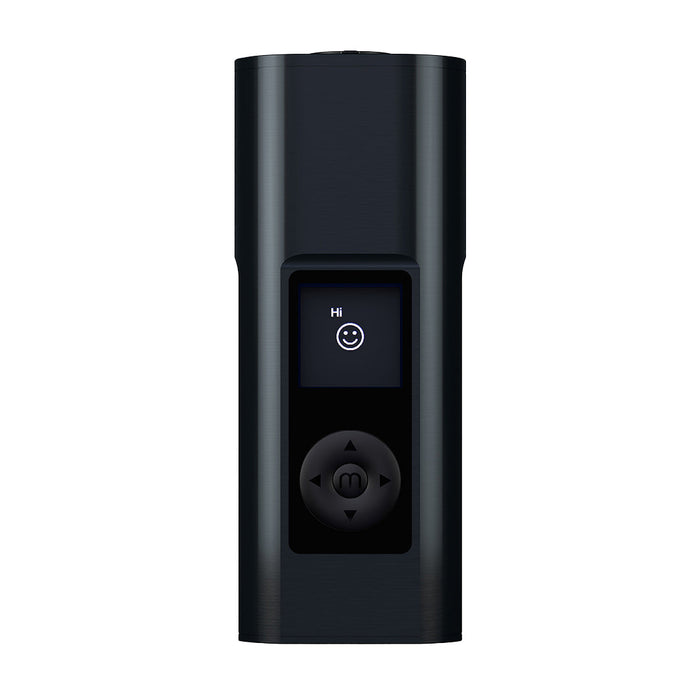 Best Arizer solo Black Dry Herb vaporizer device with a smiley face button on a white background