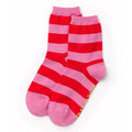 Pair of pink and red striped socks on a white background.
