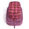 2 recycled nylon zippered packing cubes, large bag is pink and brown houndstooth, smaller bag is pink tartan, stacked on a white background.
