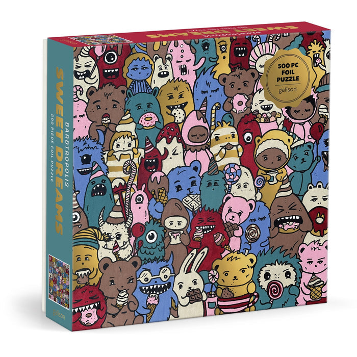 The Barbtropolis Sweet Dreams 500 Piece Foil Puzzle features a vibrant box with whimsical cartoon creatures, many holding desserts like donuts and cupcakes. The puzzle is by Barbtropolis.