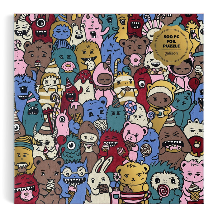 Colorful illustration of whimsical cartoon animals and monsters with treats like ice cream and cupcakes. The Barbtropolis Sweet Dreams 500 Piece Foil Puzzle by Barbtropolis features this artwork, with the product name in a gold circle on the box.
