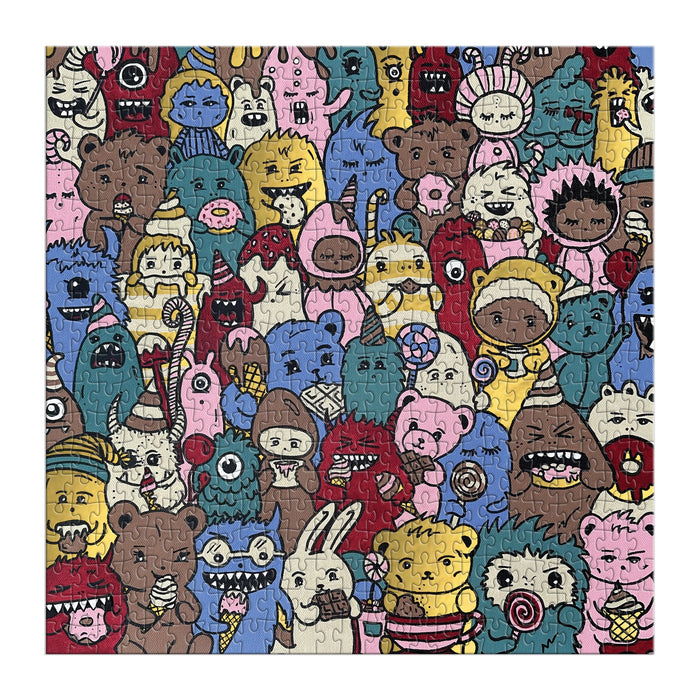Barbtropolis Sweet Dreams 500 Piece Foil Puzzle by Barbtropolis features a vibrant, dense crowd of whimsical cartoon monsters in various colors and expressions, set against blue, pink, yellow, and brown backgrounds.