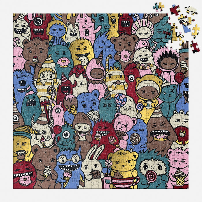 The Barbtropolis Sweet Dreams 500 Piece Foil Puzzle by Barbtropolis showcases a vibrant crowd of whimsical cartoon monsters in diverse shapes and colors, with several pieces missing from the top right corner.