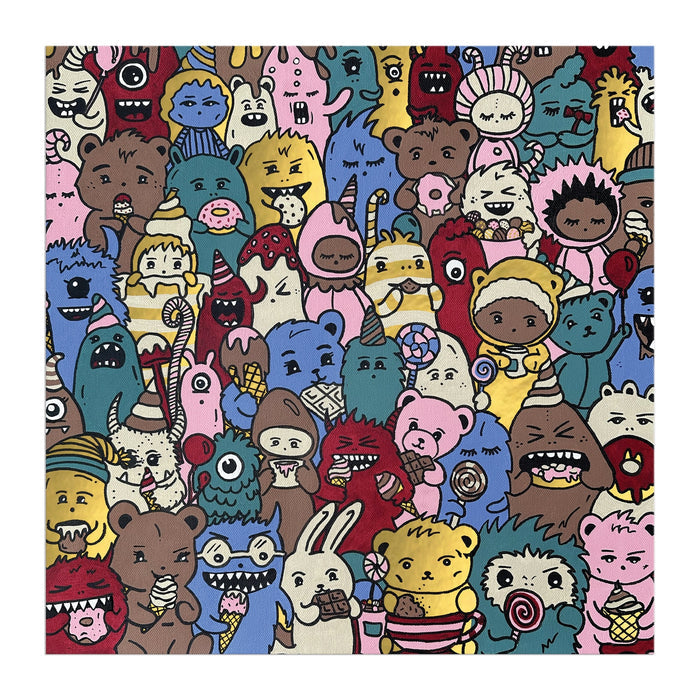 Barbtropolis Sweet Dreams 500 Piece Foil Puzzle by Barbtropolis features a vibrant crowd of whimsical cartoon animals enjoying ice cream and sweets, all with expressive faces set against a white background.
