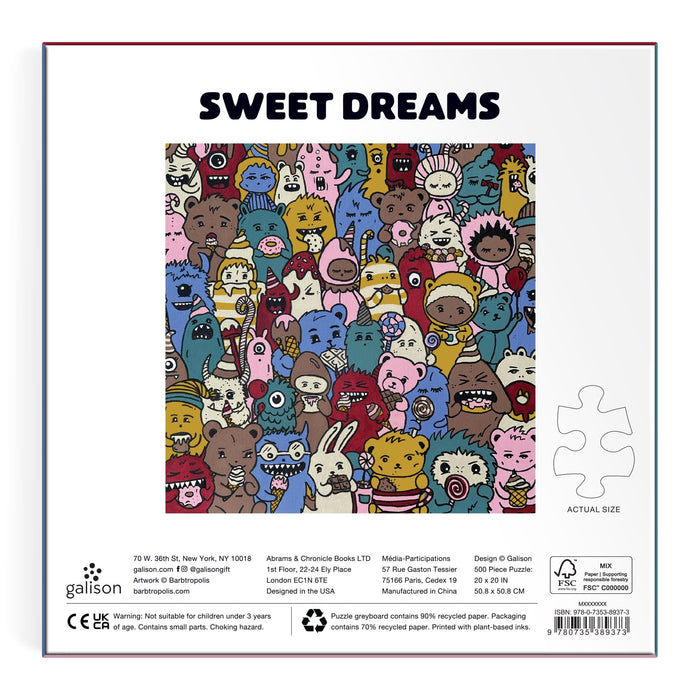 The Barbtropolis Sweet Dreams 500 Piece Foil Puzzle features a vibrant scene of cartoon animals with unique expressions, a white border, and "SWEET DREAMS" at the top. Brand: Barbtropolis.