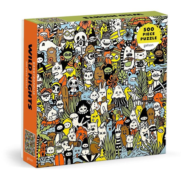 The Barbtropolis Wild Nights 500 Piece Puzzle features a vivid, cartoon-style scene of animals and whimsical creatures in a lush jungle, packaged in a colorful box.