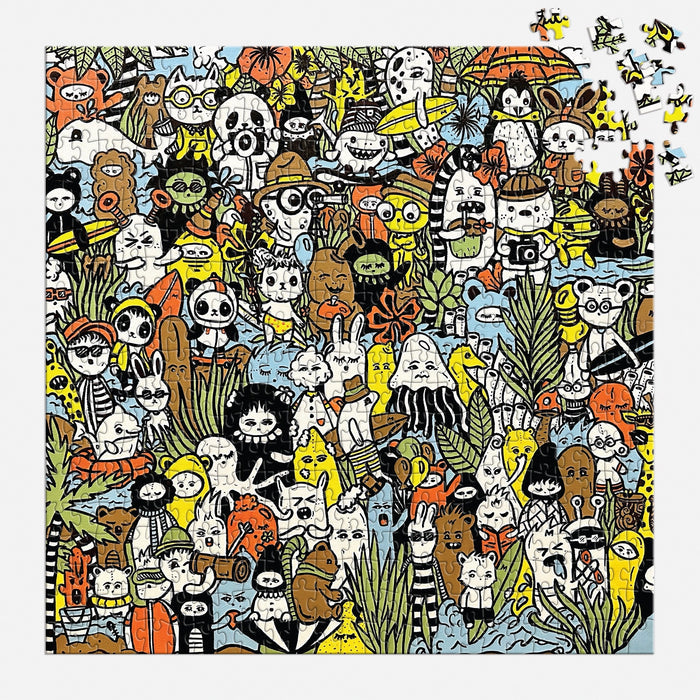 The Barbtropolis Wild Nights 500 Piece Puzzle features a vibrant scene of cartoon animals and characters amid lush plants, with some puzzle pieces missing in the top right corner and a few scattered nearby.