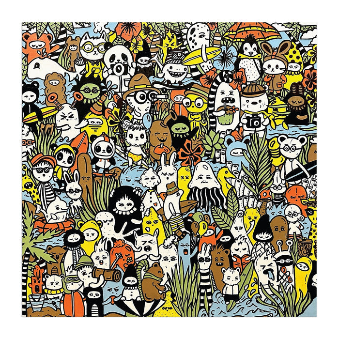 The Barbtropolois Wild Nights 500 Piece Puzzle by Barbtropolis features a vibrant, bustling scene of whimsical animals—like cats, bears, rabbits, and birds—in quirky outfits set in a playful jungle-inspired environment.