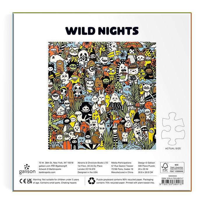 Barbtropolis Wild Nights 500 Piece Puzzle: A vibrant, cartoonish scene packed with whimsical animals, ghosts, birds, and playful characters—all in a busy, lively Barbtropolis style.