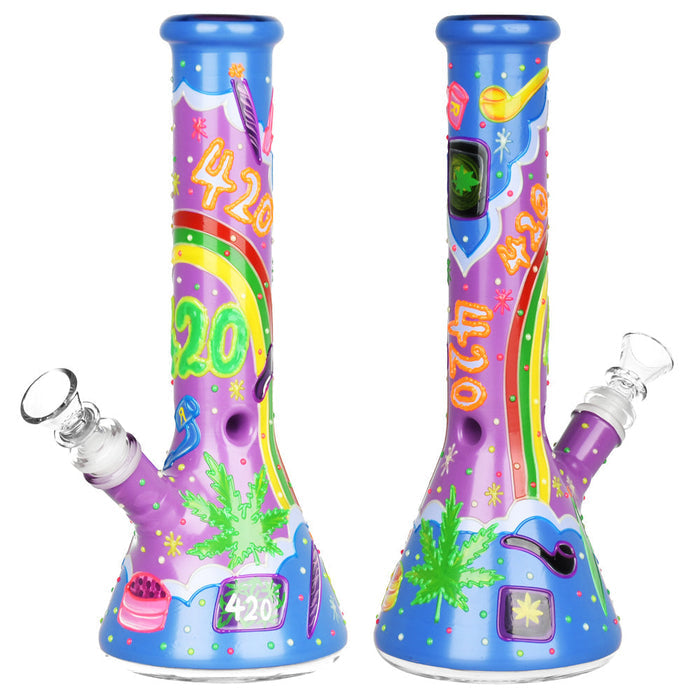 Beach Vibes 420 Painted Glass Glow Beaker Bong - 10"