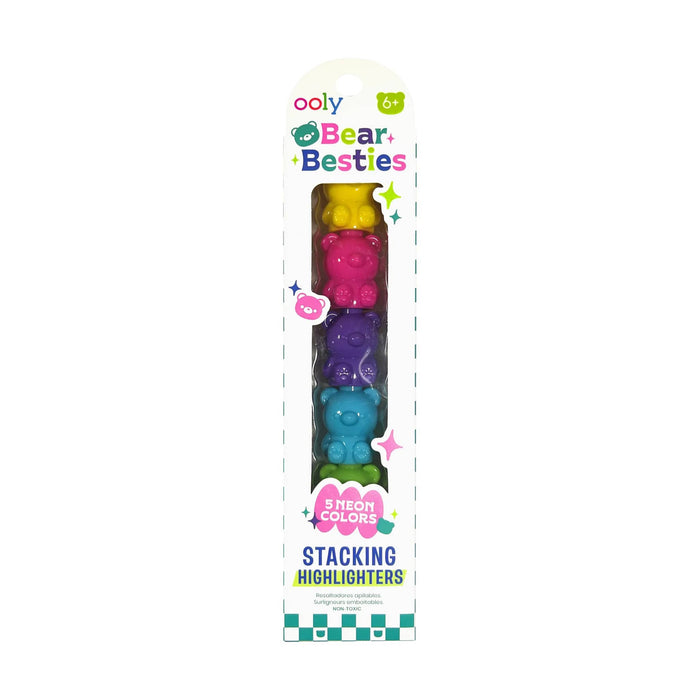 Ooly Bear Besties Stacking Highlighters in a 5-pack of neon colors in a clear blister pack with a white cardboard backing.