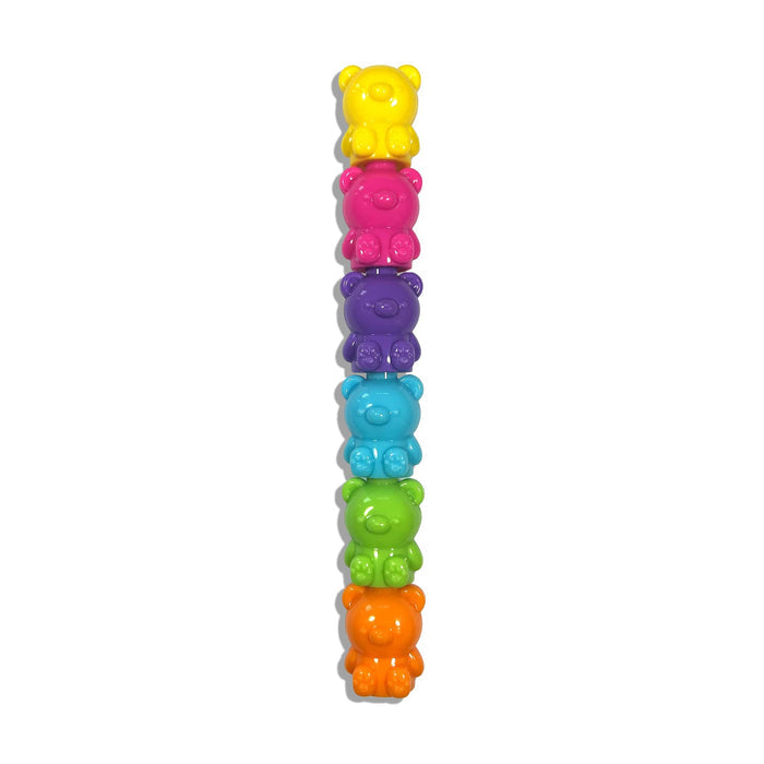 A vertical stack of seven colorful gummy bear shaped highlighters in yellow, pink, purple, blue, green, and orange, set against a plain white background.