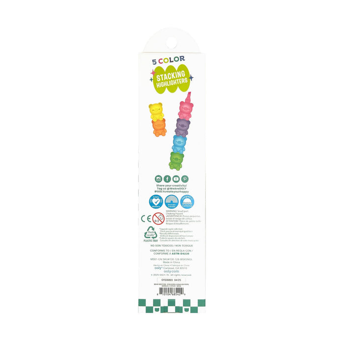 Back of a tall, narrow retail package for 5-color stacking highlighters, shown against a plain white background.