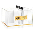 Bencher Silverware Caddy in gold Lucite with four compartments for cutlery, napkins and benchers
