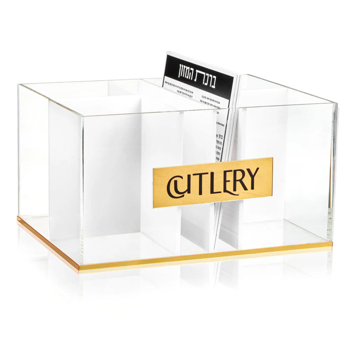 Bencher Silverware Caddy in gold Lucite with four compartments for cutlery, napkins and benchers