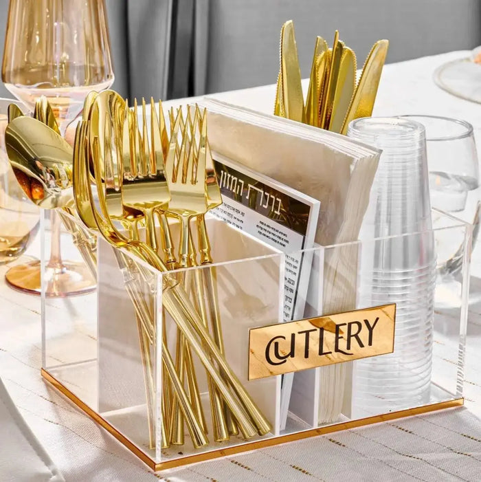 Bencher Silverware Caddy set on a Shabbos table with cutlery and a bencher card in place