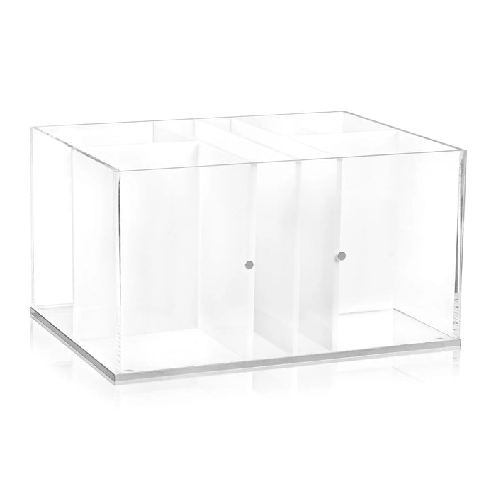 Bencher Silverware Caddy from above, four Lucite compartments for cutlery, napkins and benchers