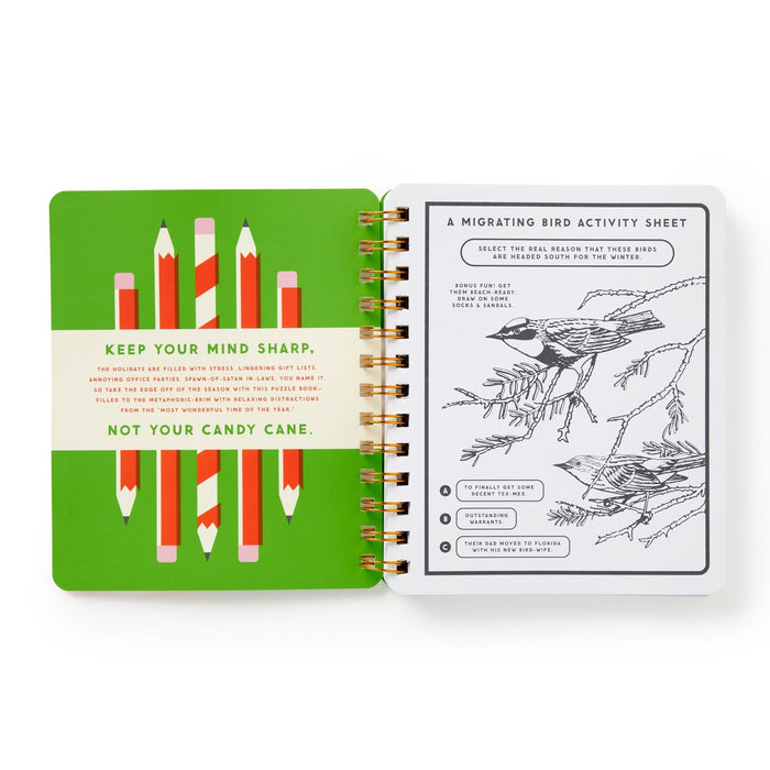 A page from Brass Monkey’s “Beyond Bored At The Holidays” shows red-and-white striped pencils on the left and a black-and-white migrating bird activity sheet with a bird, tree branches, and labeled questions on the right.