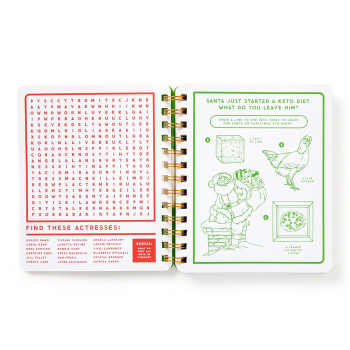 The Beyond Bored At The Holidays book by Brass Monkey features an open spiral design with a red word search on the left and a green activity page with Santa and chicken illustrations plus a festive brain game on the right.