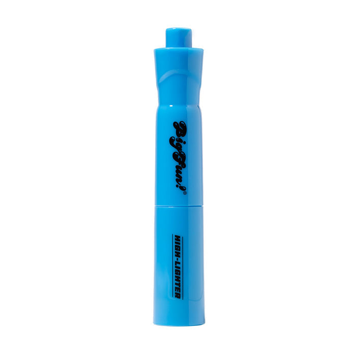 Blue highlighter vape with black text on a white background