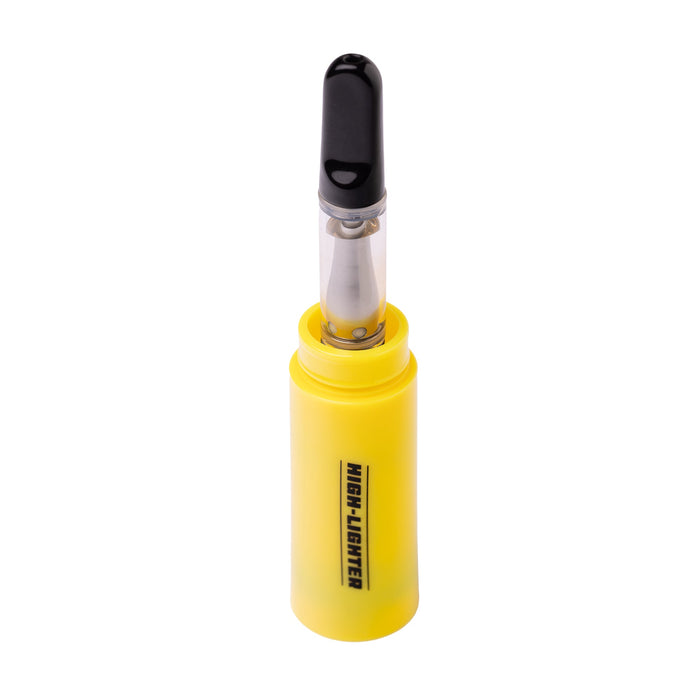 Yellow high-lighter vape pen with black cap on a white background