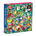 The Birding Around 500 Piece Puzzle by Rebecca Jones features vibrant artwork of birds with accessories on a leafy background, perfect for bird lovers and puzzle enthusiasts.
