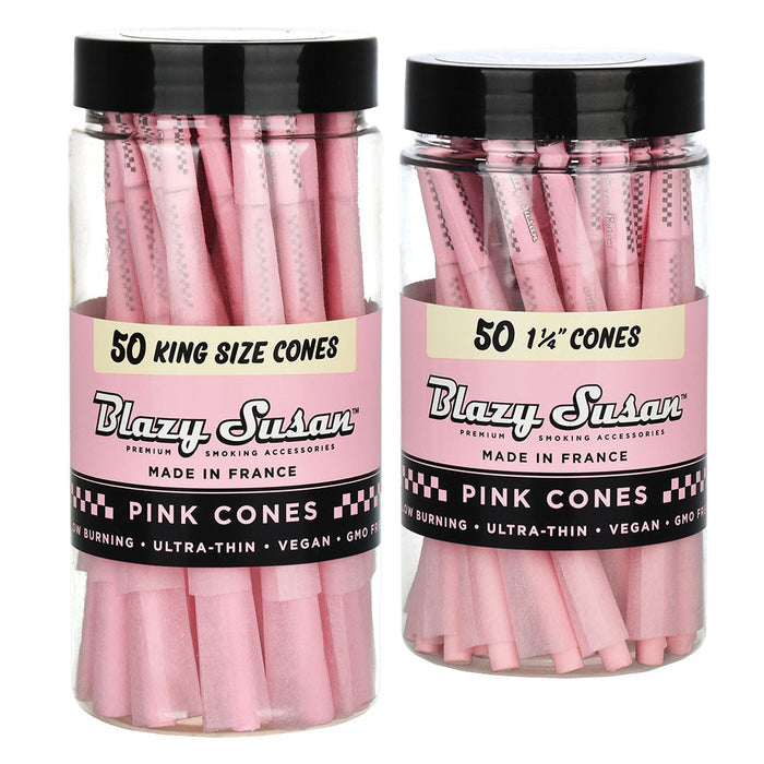 Two jars of Blazy Susan pink cones on a white background