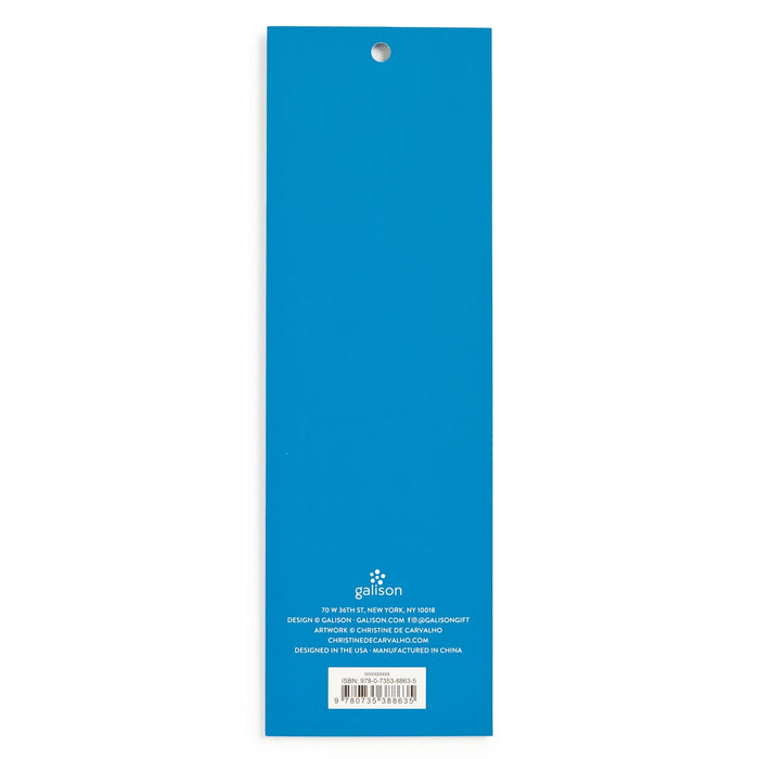 The back cover of a rectangular blue notepad shows the text "Blooming Terrariums Magnetic Bookmarks" by Christine De Carvalho in white at the bottom, a barcode, hanging hole at top, and manufacturing details are also printed in white.