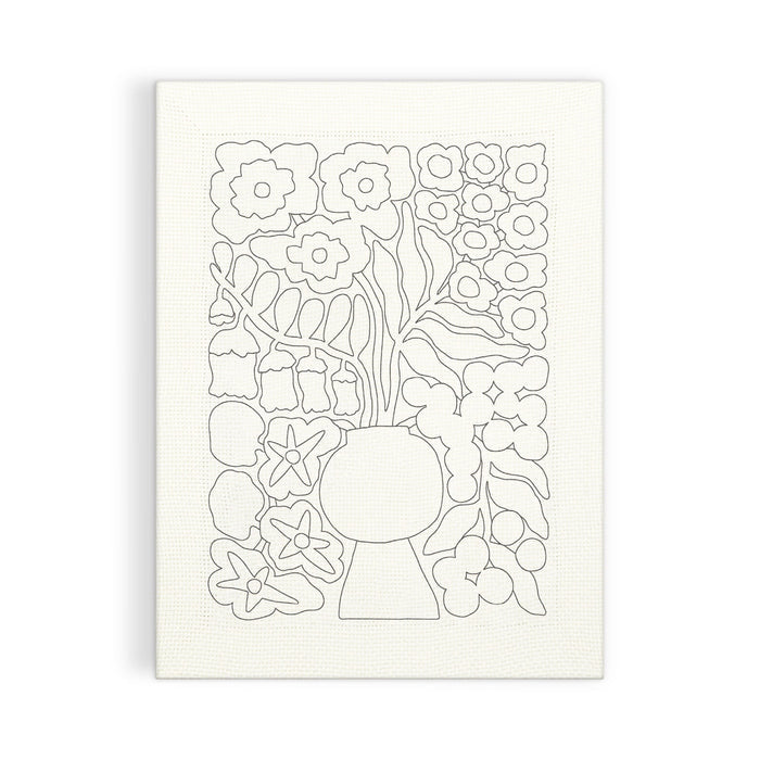 The Blooming Wildflowers Punch Needle Kit by Liv Lee features a line drawing of flowers and leaves in a vase, centered on a white textured background. Simple outlined floral shapes fill the rectangular canvas.