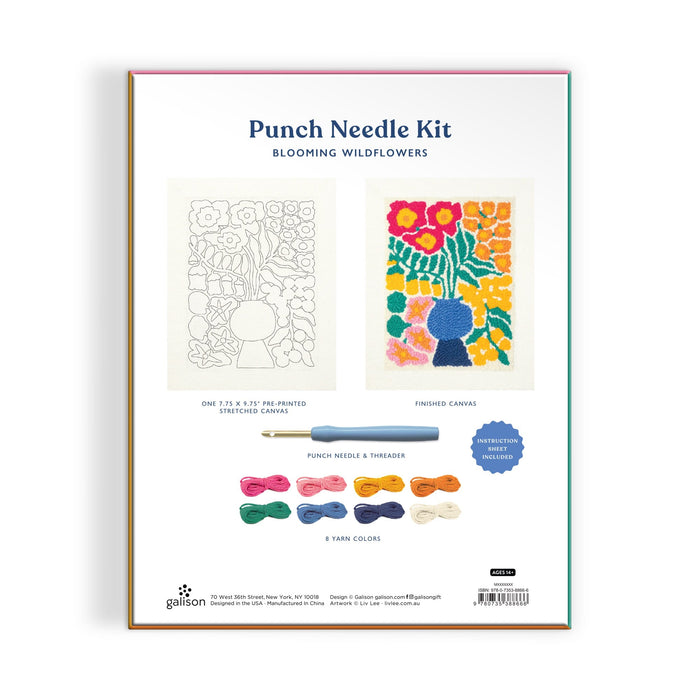Back of the Liv Lee Blooming Wildflowers Punch Needle Kit box shows a floral canvas outline, finished colorful design, punch needle tool, threader, and 8 assorted yarn skeins.